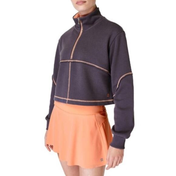 Sweaty Betty Revive Half Zip Cropped Pullover Sweatshirt size US 8 Gray Orange - Picture 1 of 6